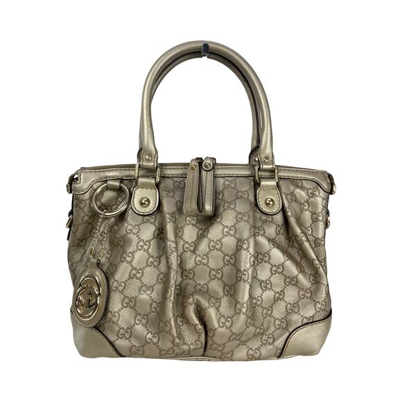 GUCCI Gold Metallic Leather GG Sukey Satchel Shoulder Crossbody Made In Italy - Picture 11 of 15